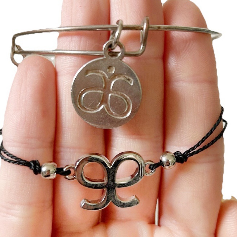Arbonne Logo Bracelets Silver Tone Bangle Charm Black Fabric Chain Tie Pendant